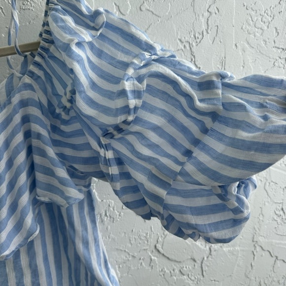 ZARA Striped Light Blue & White Off the Shoulder 3/4 Ruffled sleeves Crop Top, L - Picture 9 of 13